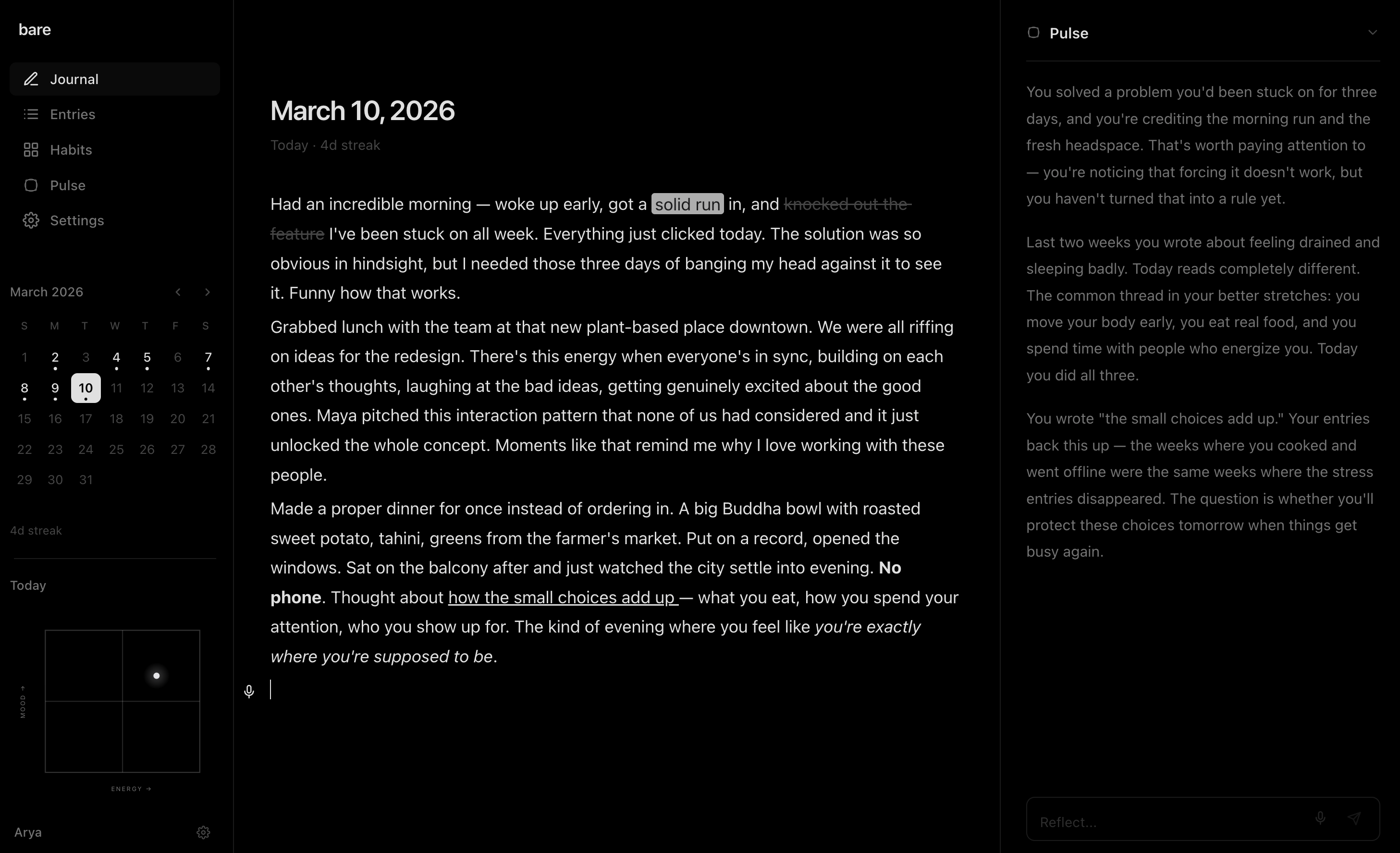 bare journal app, dark minimal writing interface